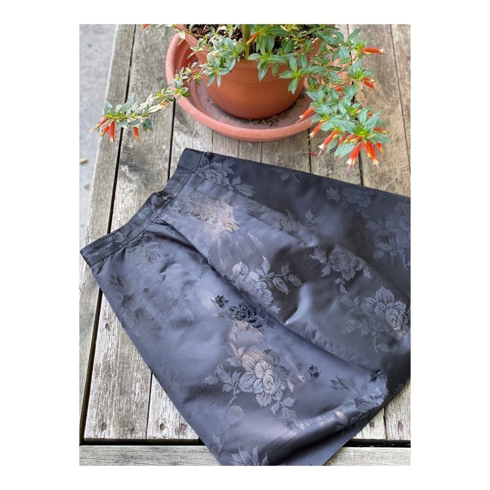 1990s Black Satin Floral Mini Skirt Structured
